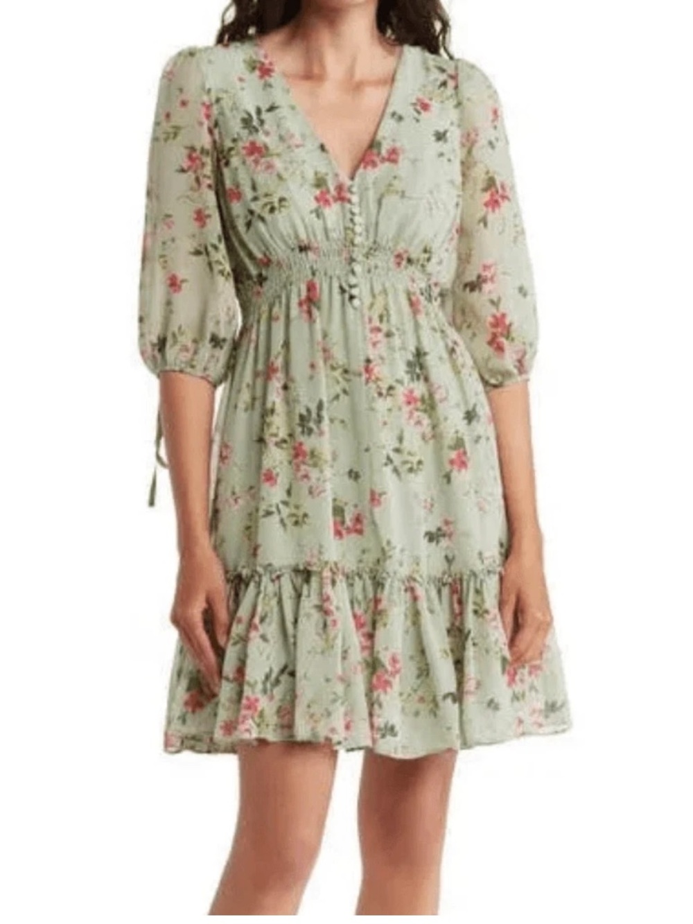 Taylor Sage Green Floral V-Neck Smocked Midi Dress - Size 12